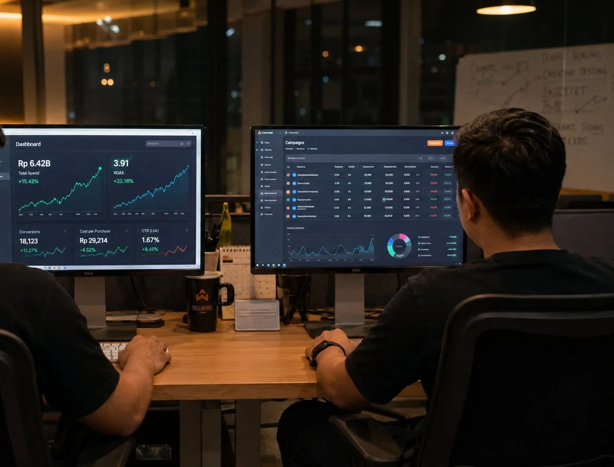 Media buyers monitoring ad dashboards