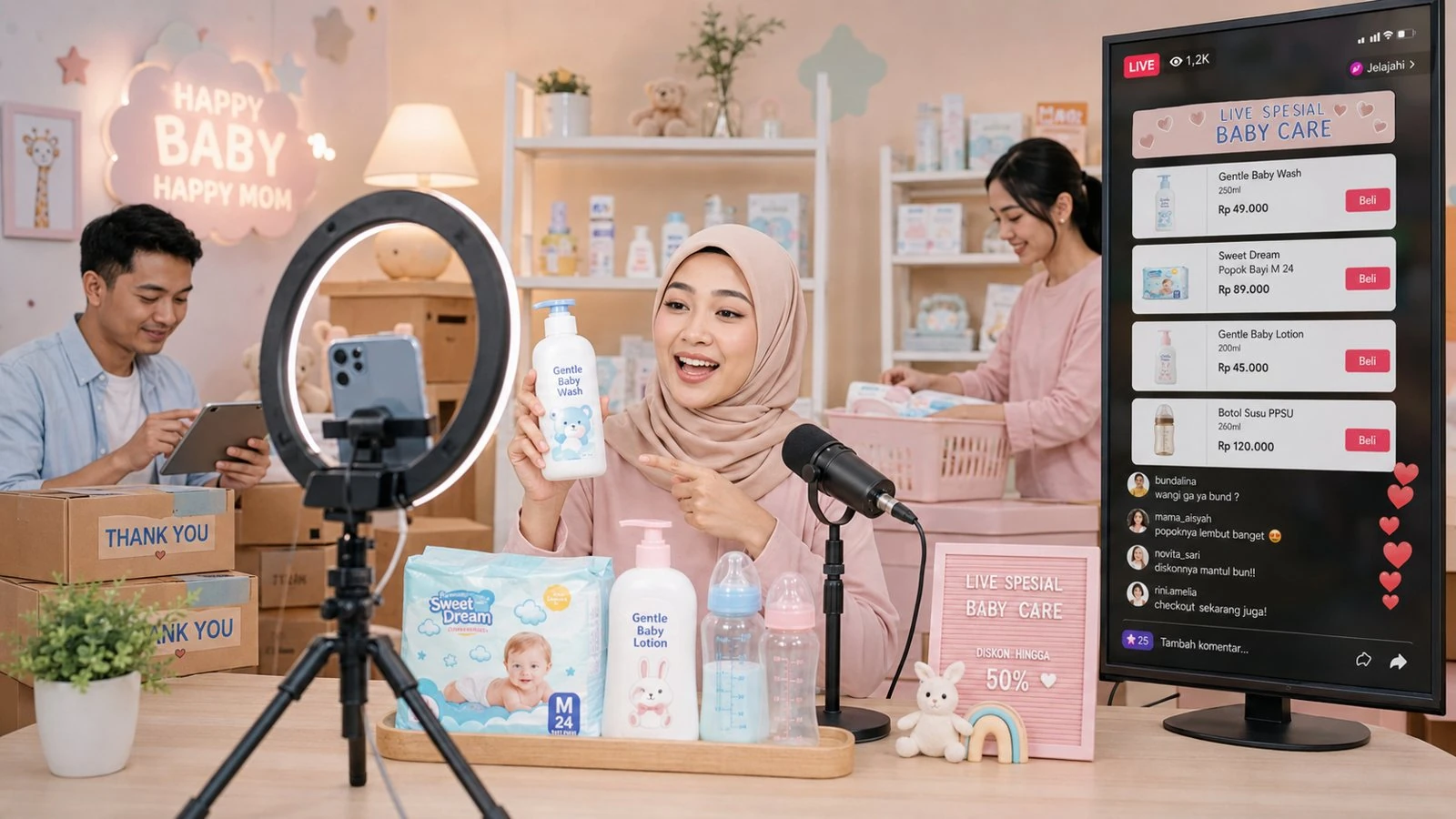 A mom-and-baby live-commerce session in progress