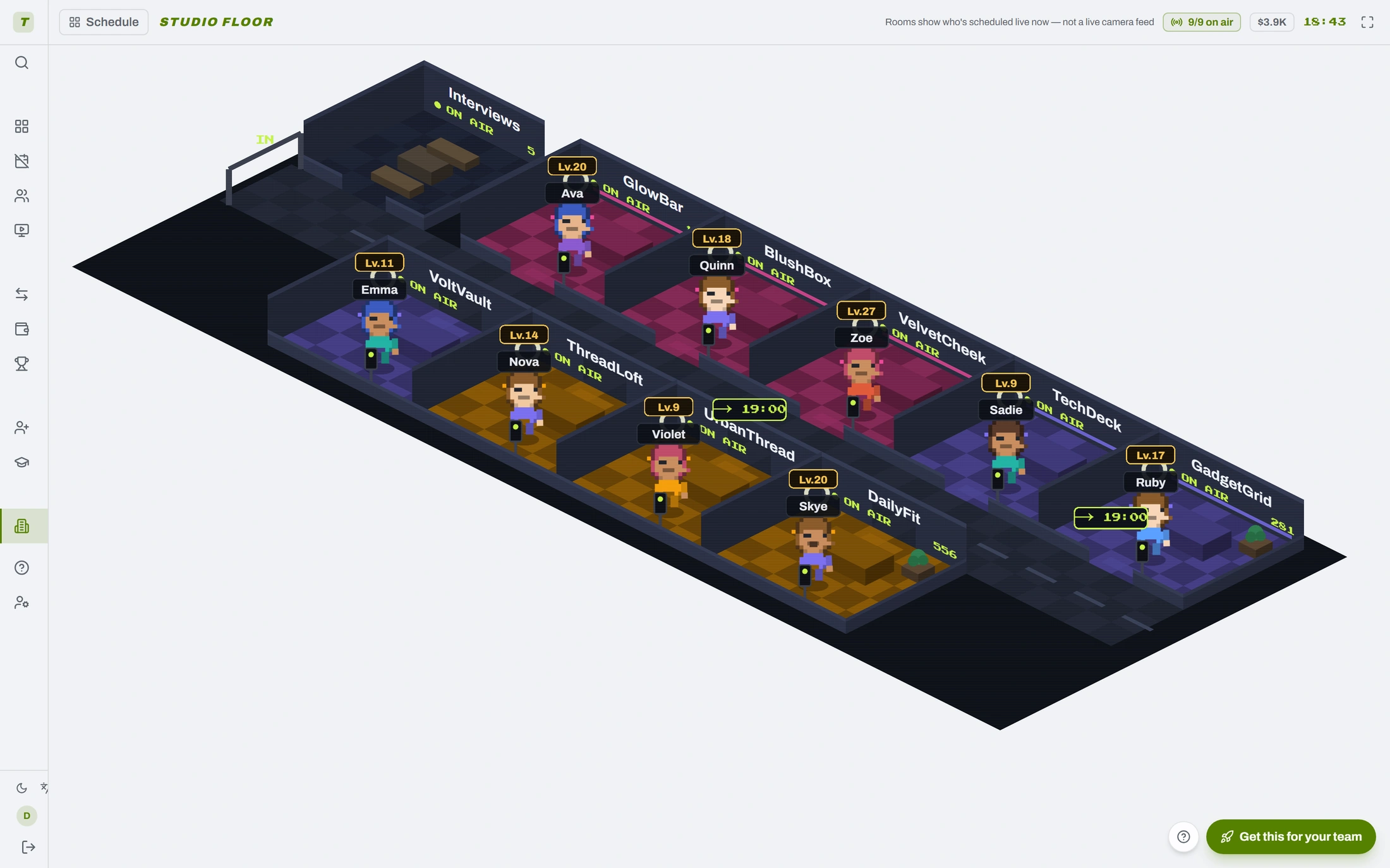 The studio floor, live — every room, every host, on air at a glance.